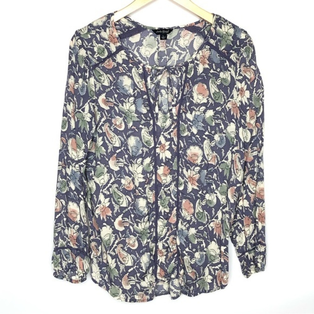 Lucky Brand Boho Purple Floral Print Long Sleeve Top Size Large Crochet Details